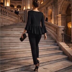 100% SILK CHIFFON BLACK BLOUSE WITH BELL SLEEVES AND RUFFLE HEM Size XS